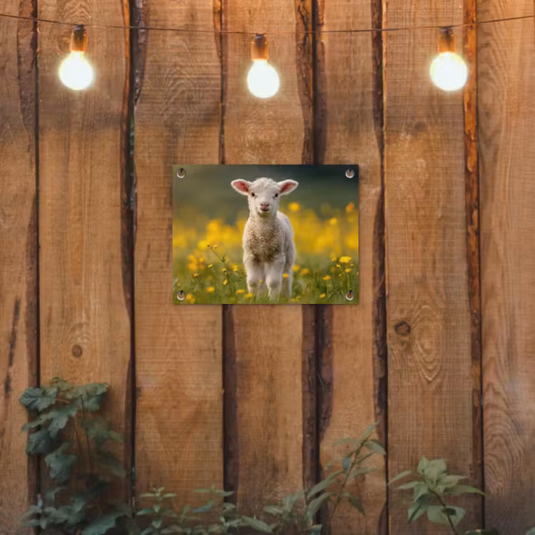 Lammetje - Gras - Bloemen - Geel tuinposter los doek klein -sfeer1