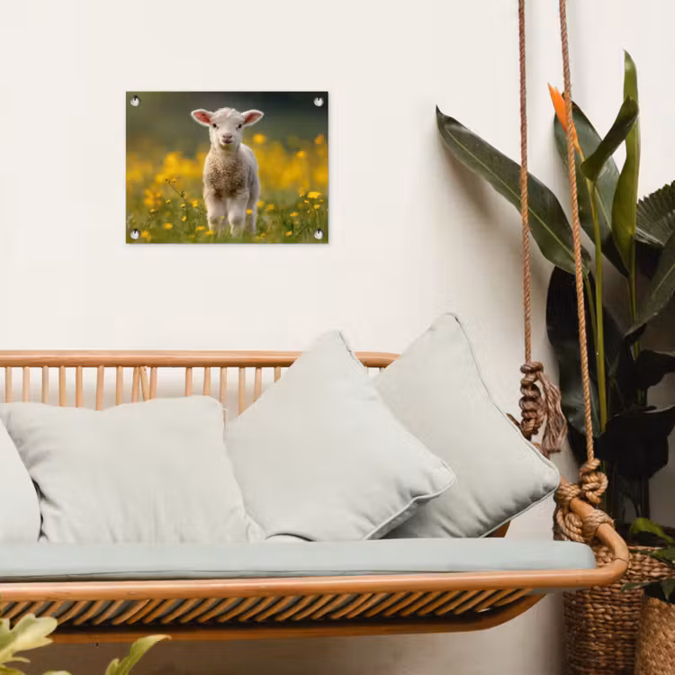 Lammetje - Gras - Bloemen - Geel tuinposter los doek klein -sfeer7