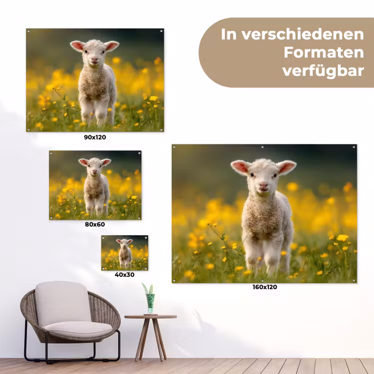 Lammetje - Gras - Bloemen - Geel tuinposter los doek klein -Xsfeer9_DE