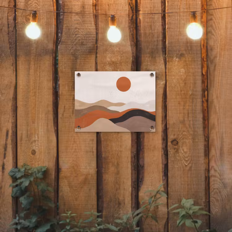 Landschap - Heuvels - Zon - Abstract - Oranje tuinposter los doek klein -sfeer1