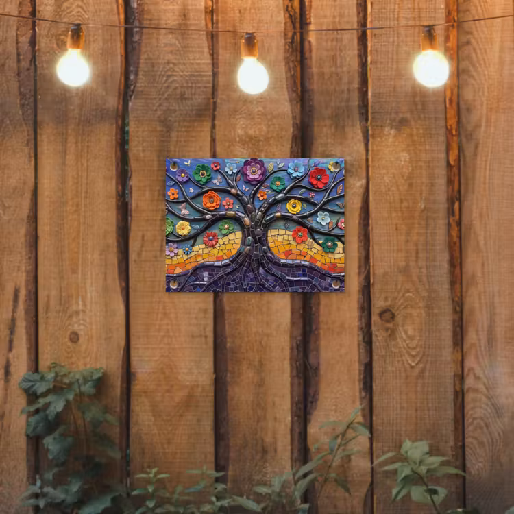 Levensboom - Mozaïek - Bloemen - Kleurrijk - Vrolijk tuinposter los doek klein -sfeer1