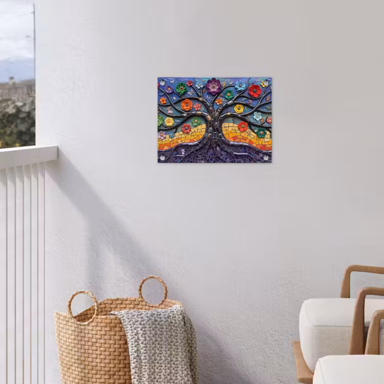 Levensboom - Mozaïek - Bloemen - Kleurrijk - Vrolijk tuinposter los doek klein -sfeer8