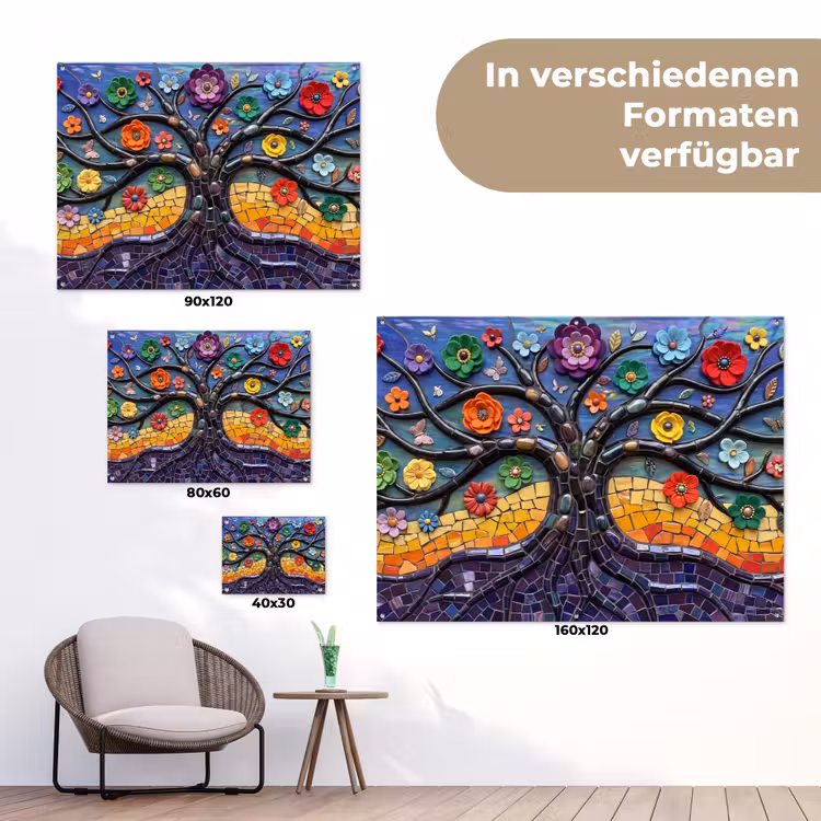Levensboom - Mozaïek - Bloemen - Kleurrijk - Vrolijk tuinposter los doek klein -Xsfeer9_DE