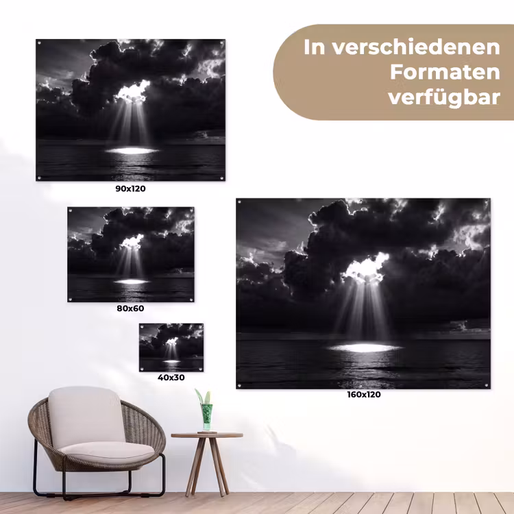 Licht - Wolken - Zee - Zwart-wit - Natuur tuinposter los doek klein -Xsfeer9_DE
