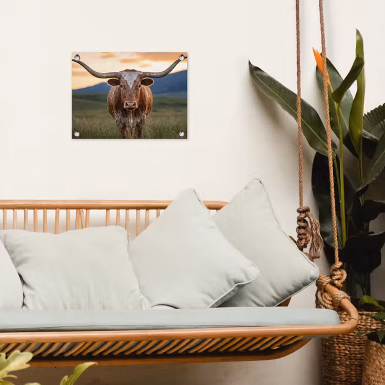 Longhorn - Landschap - Zonsondergang tuinposter los doek klein -sfeer7