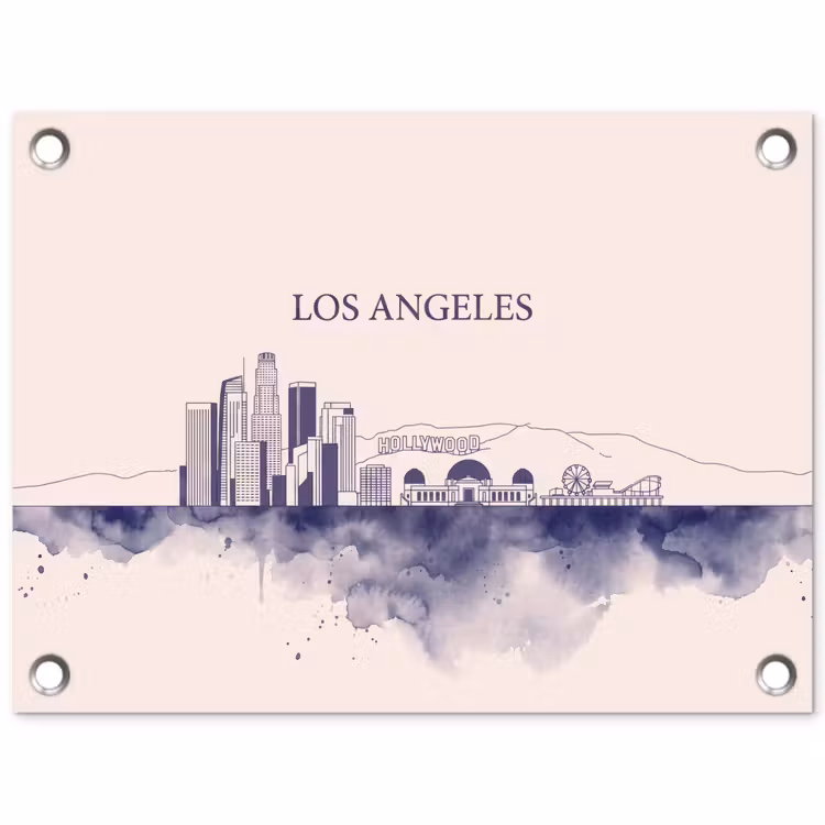 Los Angeles - Skyline - Architectuur - Aquarel - Blauw tuinposter los doek klein -3d