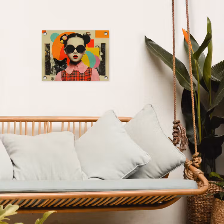Meisje - Zonnebril - Kat - Retro tuinposter los doek klein -sfeer7