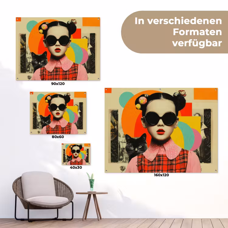 Meisje - Zonnebril - Kat - Retro tuinposter los doek klein -Xsfeer9_DE