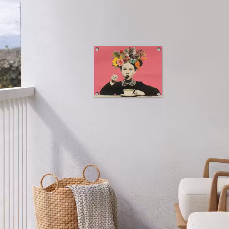 Meisje - Kopje - Bloemen - Roze tuinposter los doek klein -sfeer8