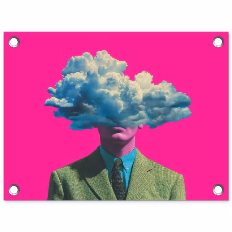 Man - Pak - Wolk - Roze tuinposter los doek klein -3d