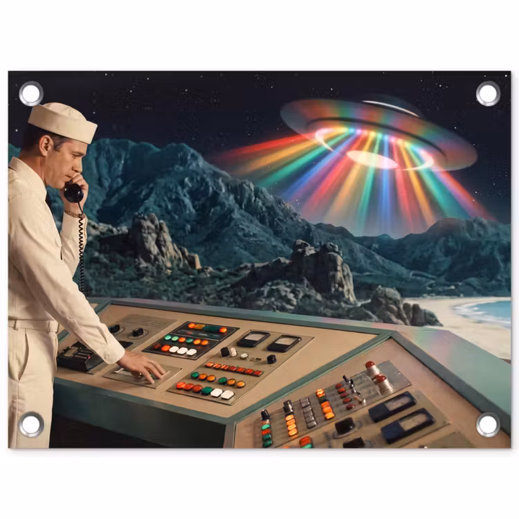 Gartenposter - Mann – Kontrollraum – Strand - Man - Controlekamer - Strand tuinposter los doek klein