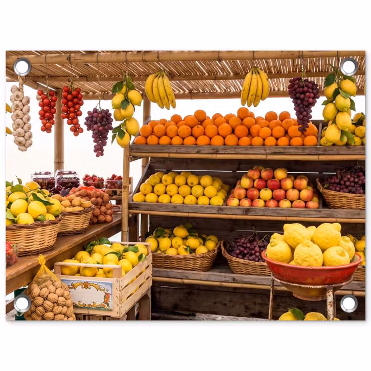Gartenposter - Marktstand – Obst – Frisch - Marktkraam - Fruit - Vers tuinposter los doek klein