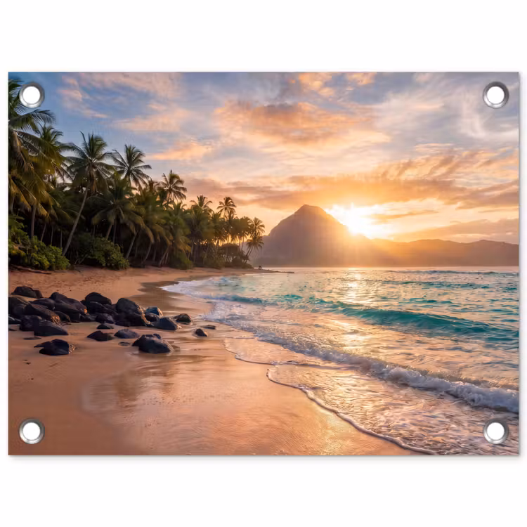 Zee - Berg - Landschap - Tropisch - Goud tuinposter los doek klein -3d