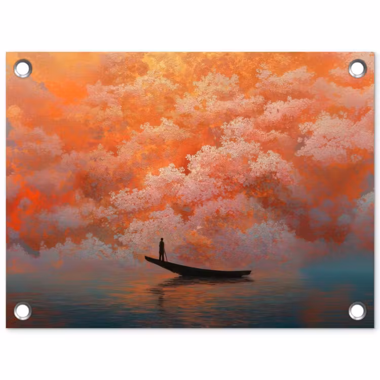Zee - Boot - Wolken - Oranje tuinposter los doek klein -3d