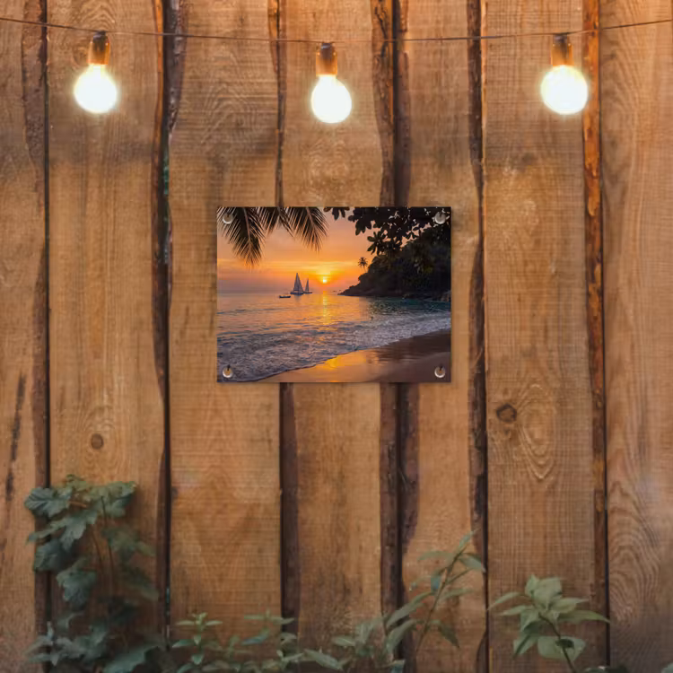 Zee - Zonsondergang - Boot - Natuur - Oranje tuinposter los doek klein -sfeer1