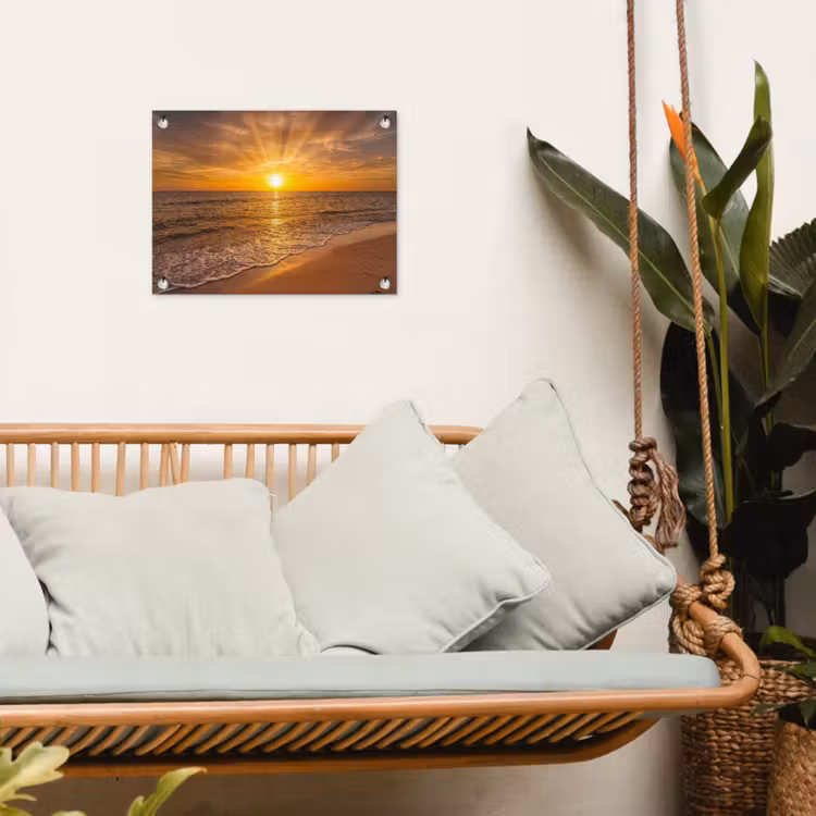 Zee - Zonsondergang - Golven - Kust - Oranje tuinposter los doek klein -sfeer7