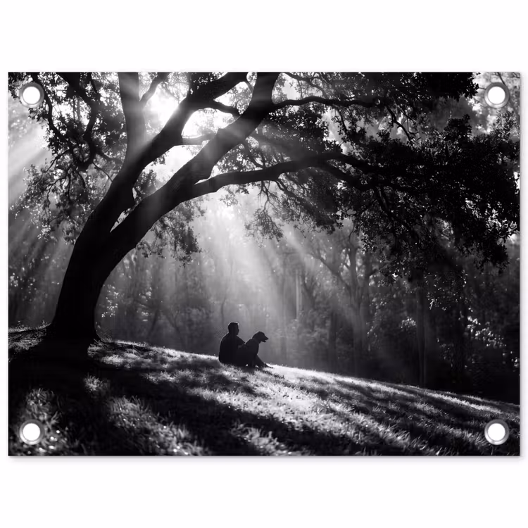 Mens - Hond - Natuur - Zwart-wit - Silhouet tuinposter los doek klein -3d