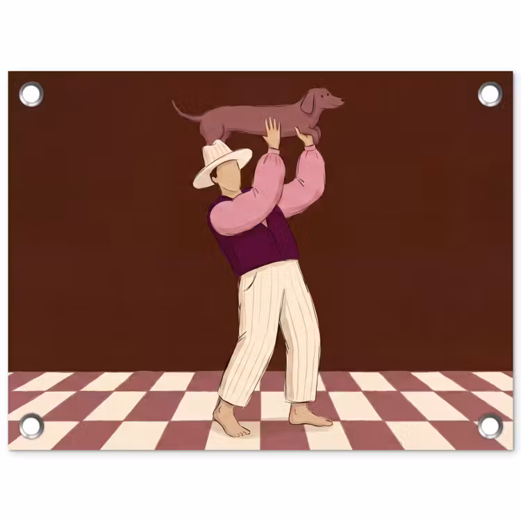 Mens - Hond - Dieren - Abstract - Roze tuinposter los doek klein -3d