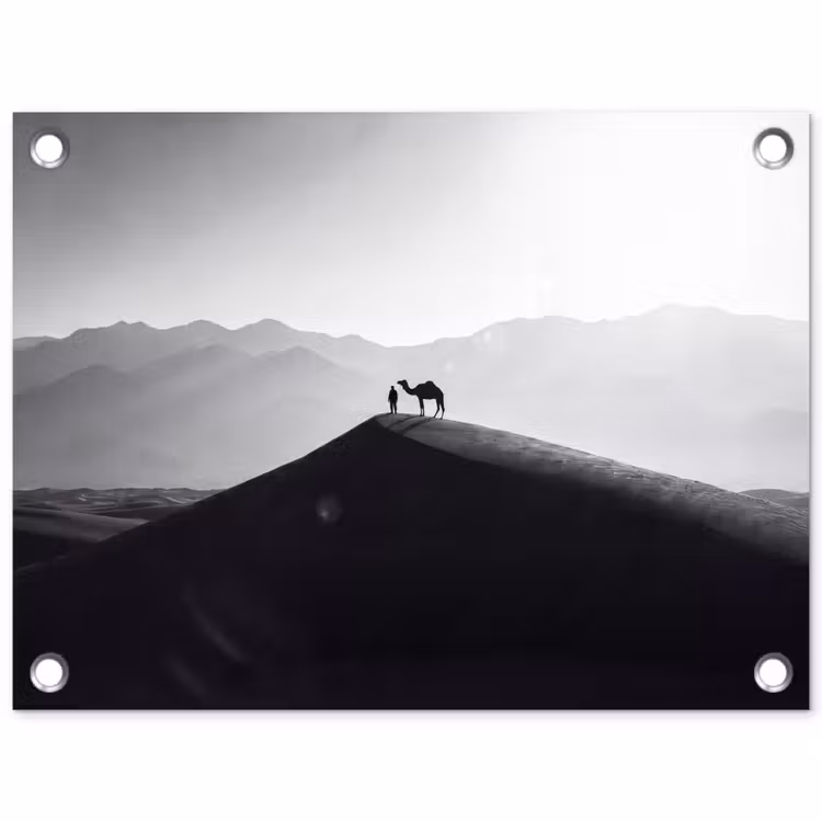 Mens - Kameel - Zandduin - Natuur - Monochroom tuinposter los doek klein -3d