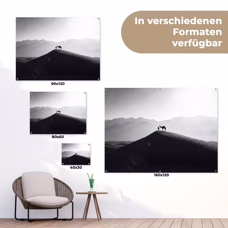 Mens - Kameel - Zandduin - Natuur - Monochroom tuinposter los doek klein -Xsfeer9_DE