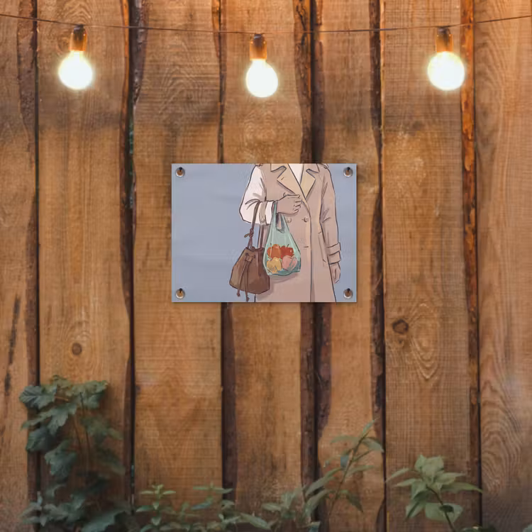 Mensen - Boodschappen - Stadsleven - Modern - Kleurrijk tuinposter los doek klein -sfeer1