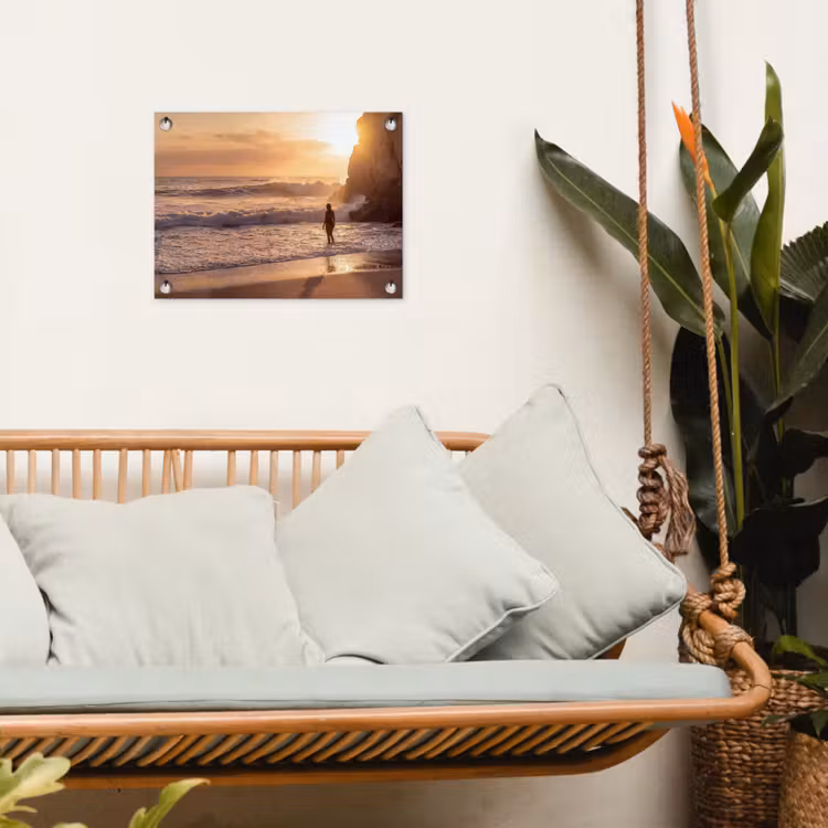 Mensen - Oceaan - Zonsondergang - Kust - Goud tuinposter los doek klein -sfeer7