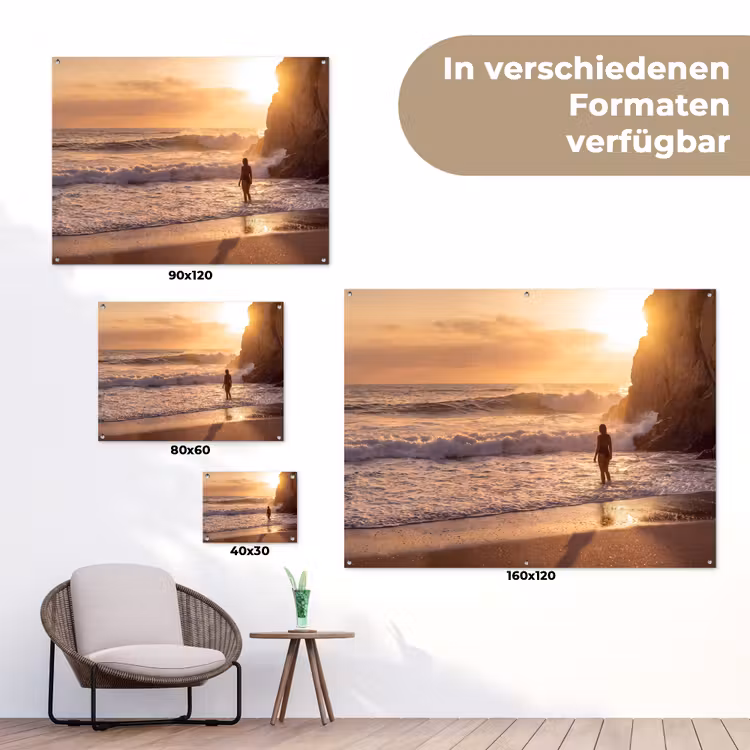 Mensen - Oceaan - Zonsondergang - Kust - Goud tuinposter los doek klein -Xsfeer9_DE