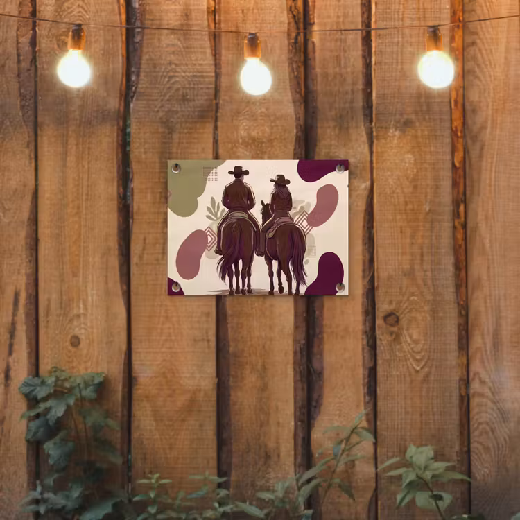 Mensen - Ruiters - Western - Illustratie - Bruin tuinposter los doek klein -sfeer1