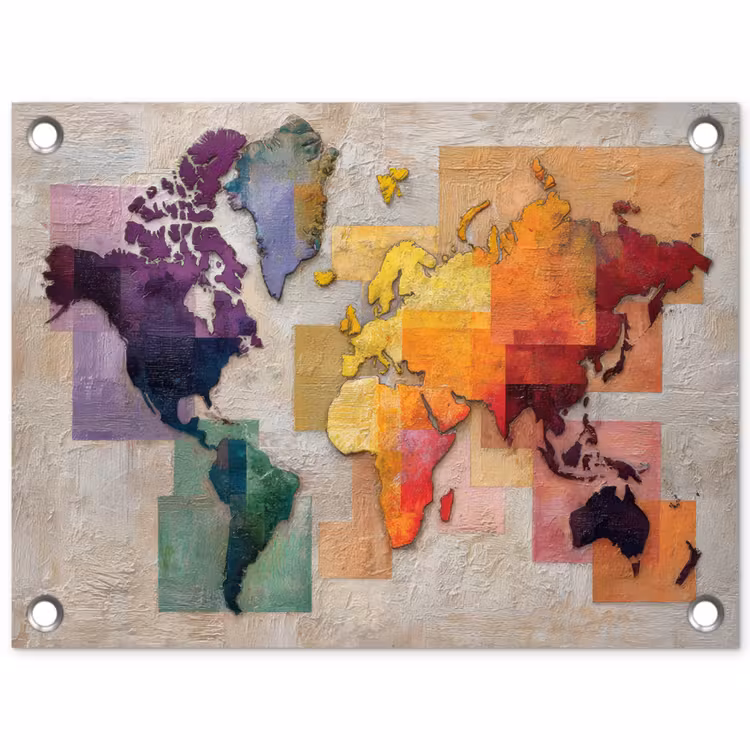 Modern - Wereldkaart - Kleurvakken tuinposter los doek klein -3d