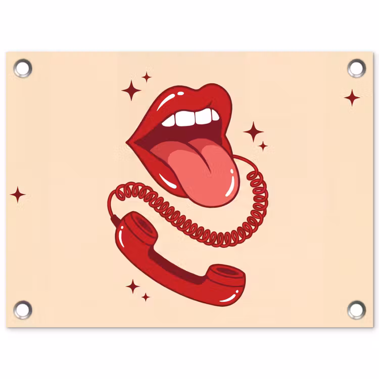 Mond - Telefoon - Popart - Rood - Illustratie tuinposter los doek klein -3d