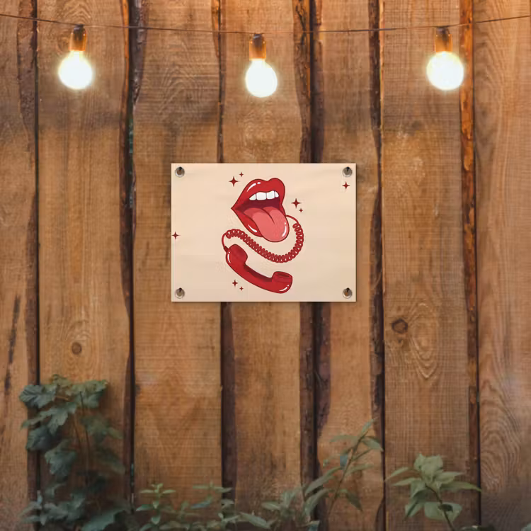 Mond - Telefoon - Popart - Rood - Illustratie tuinposter los doek klein -sfeer1