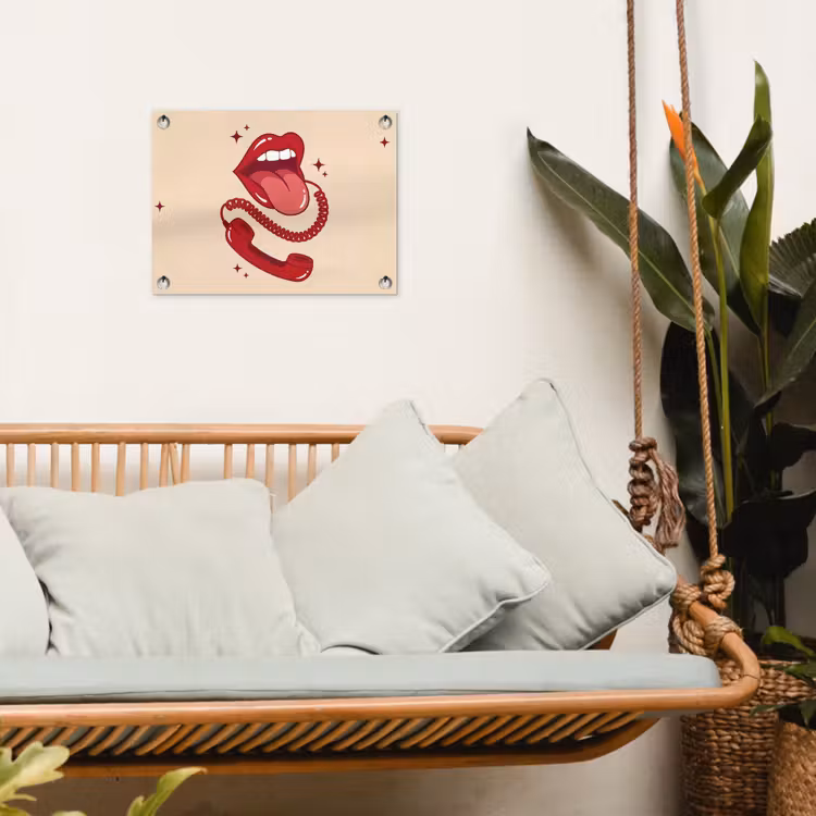 Mond - Telefoon - Popart - Rood - Illustratie tuinposter los doek klein -sfeer7
