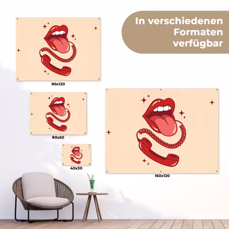 Mond - Telefoon - Popart - Rood - Illustratie tuinposter los doek klein -Xsfeer9_DE