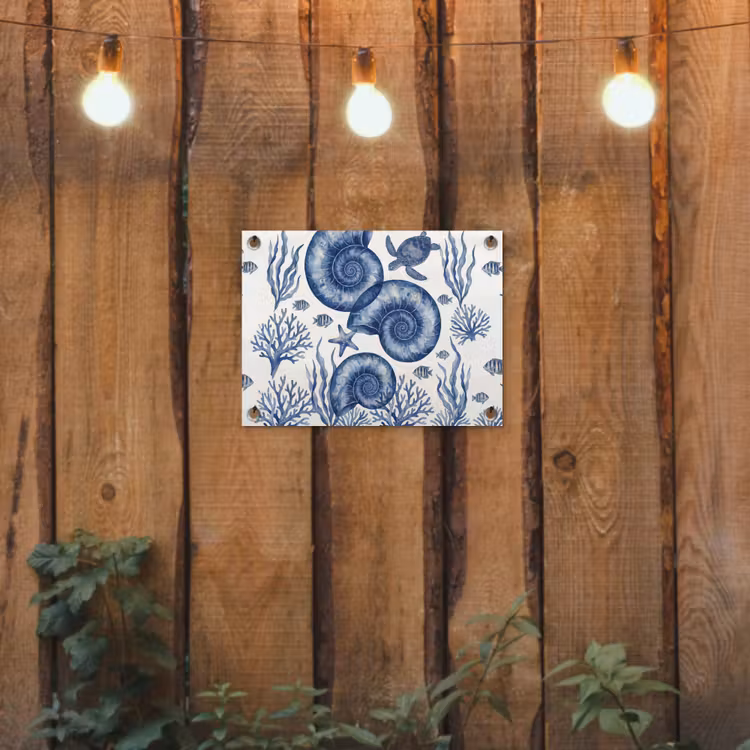 Schelp - Spiraal - Zeeleven - Aquarel - Blauw tuinposter los doek klein -sfeer1