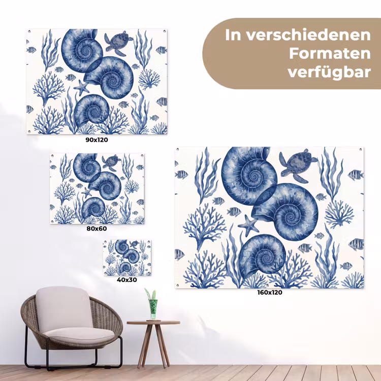 Schelp - Spiraal - Zeeleven - Aquarel - Blauw tuinposter los doek klein -Xsfeer9_DE