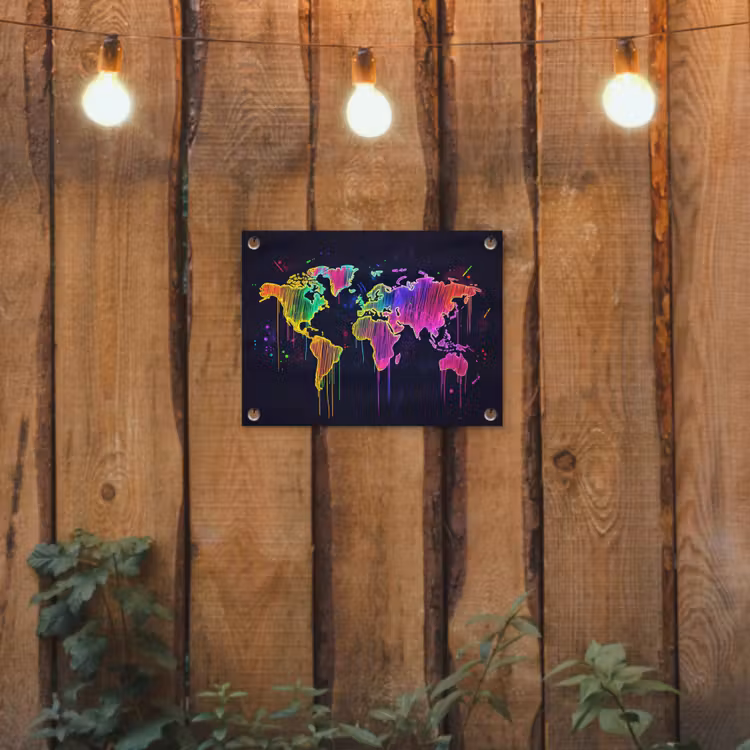 Neon - Wereldkaart - Kleur - Drip tuinposter los doek klein -sfeer1