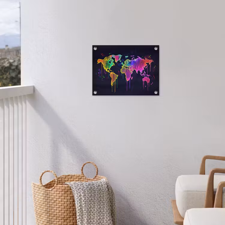 Neon - Wereldkaart - Kleur - Drip tuinposter los doek klein -sfeer8