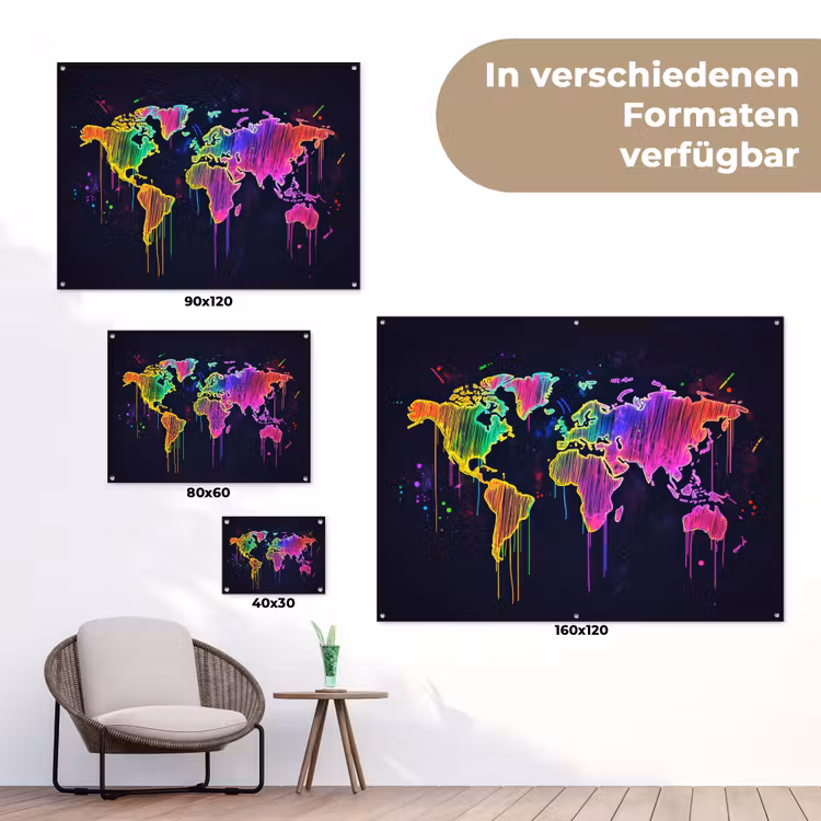 Neon - Wereldkaart - Kleur - Drip tuinposter los doek klein -Xsfeer9_DE