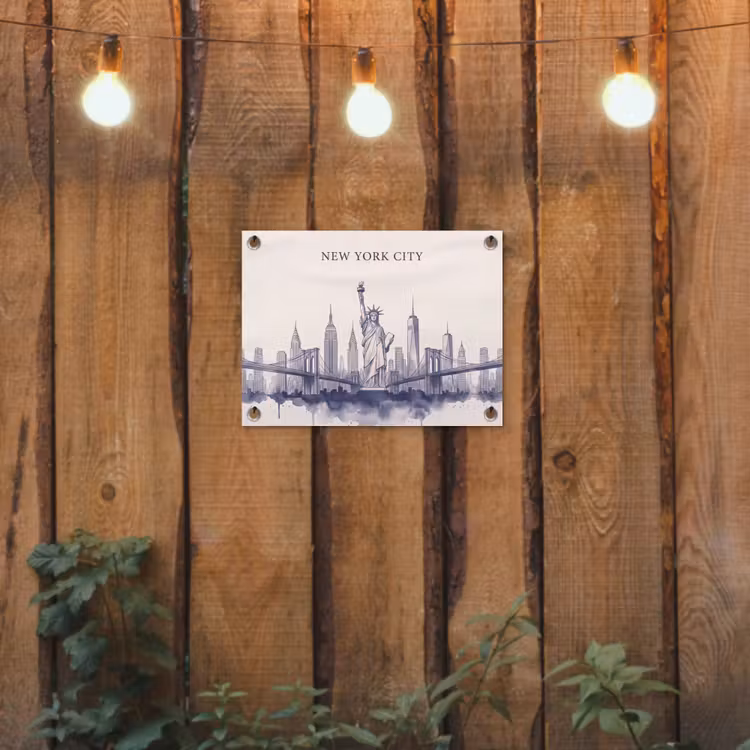 New York - Vrijheidsbeeld - Skyline - Illustratie - Blauw tuinposter los doek klein -sfeer1