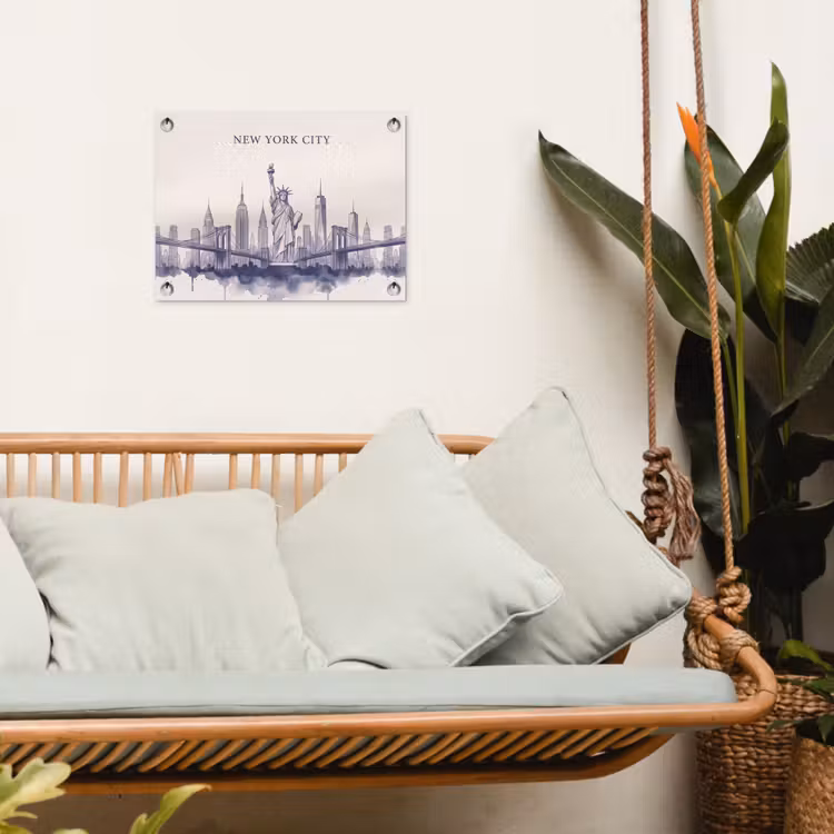 New York - Vrijheidsbeeld - Skyline - Illustratie - Blauw tuinposter los doek klein -sfeer7