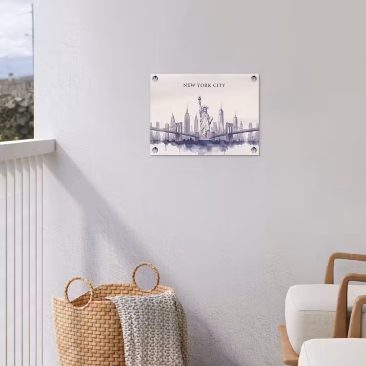 New York - Vrijheidsbeeld - Skyline - Illustratie - Blauw tuinposter los doek klein -sfeer8