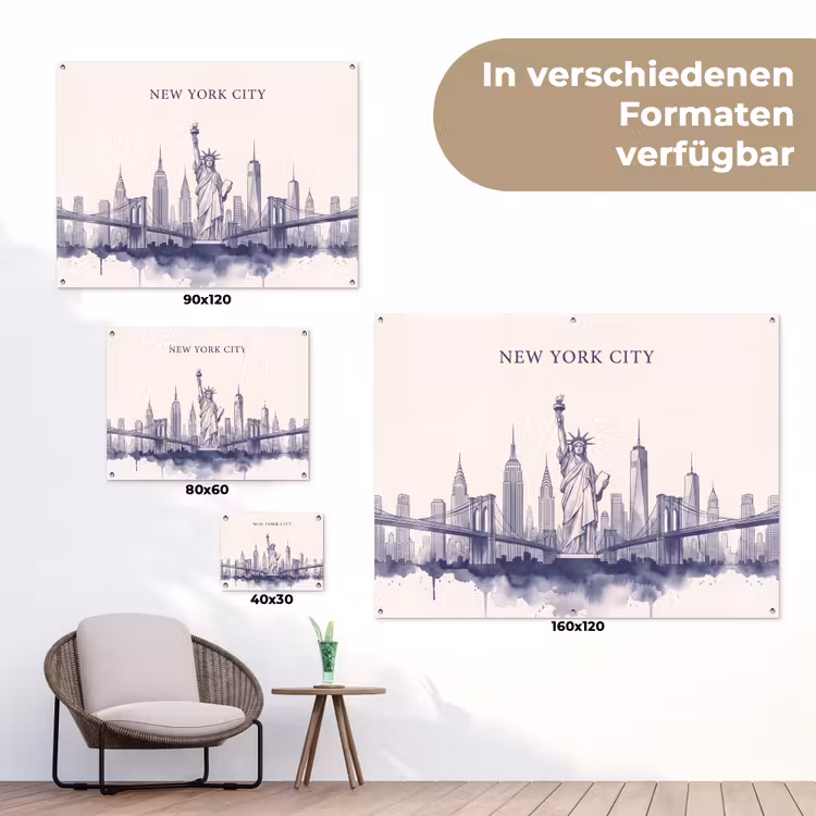 New York - Vrijheidsbeeld - Skyline - Illustratie - Blauw tuinposter los doek klein -Xsfeer9_DE