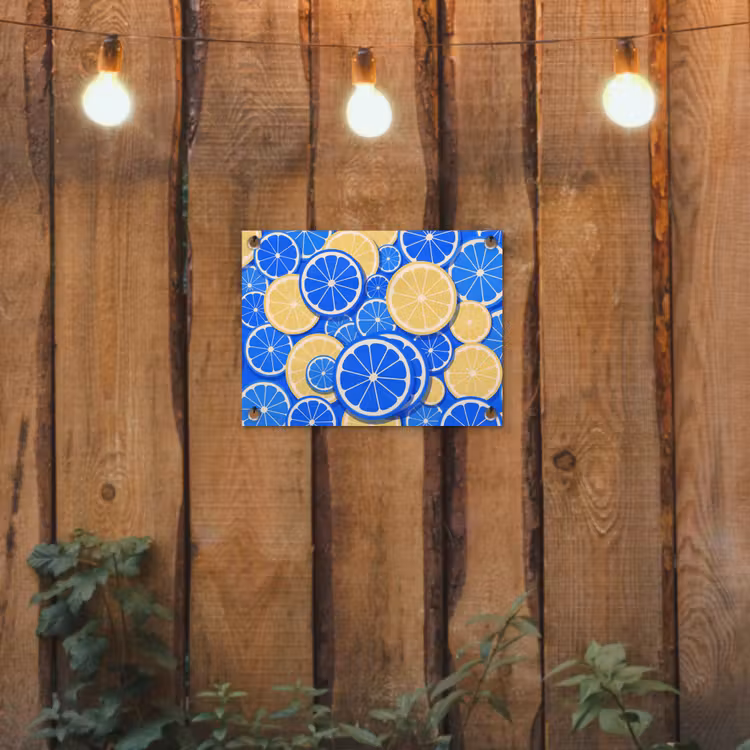 Fruit - Schijven - Patroon - Modern - Blauw - Geel tuinposter los doek klein -sfeer1