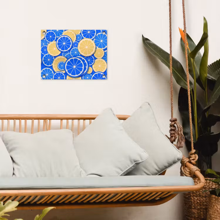 Fruit - Schijven - Patroon - Modern - Blauw - Geel tuinposter los doek klein -sfeer7