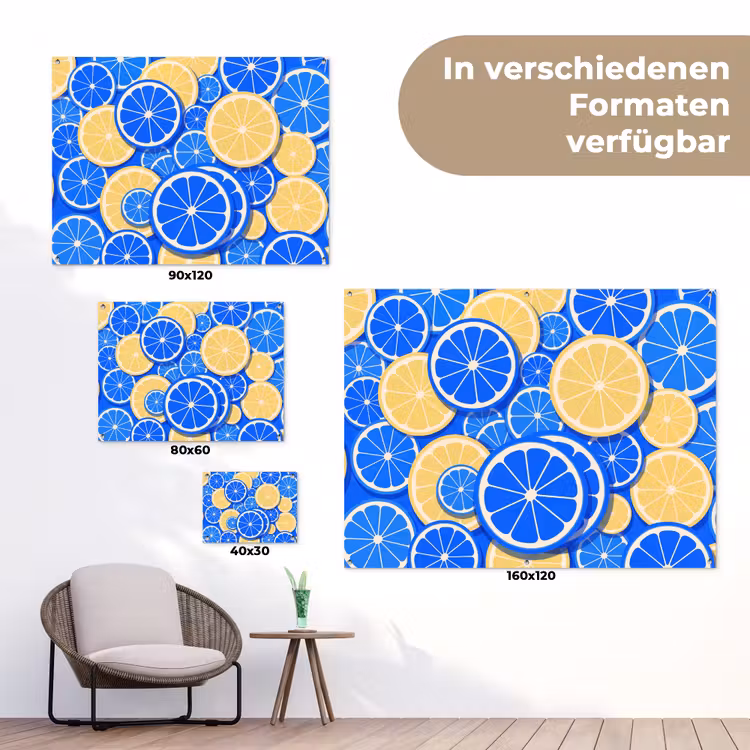 Fruit - Schijven - Patroon - Modern - Blauw - Geel tuinposter los doek klein -Xsfeer9_DE
