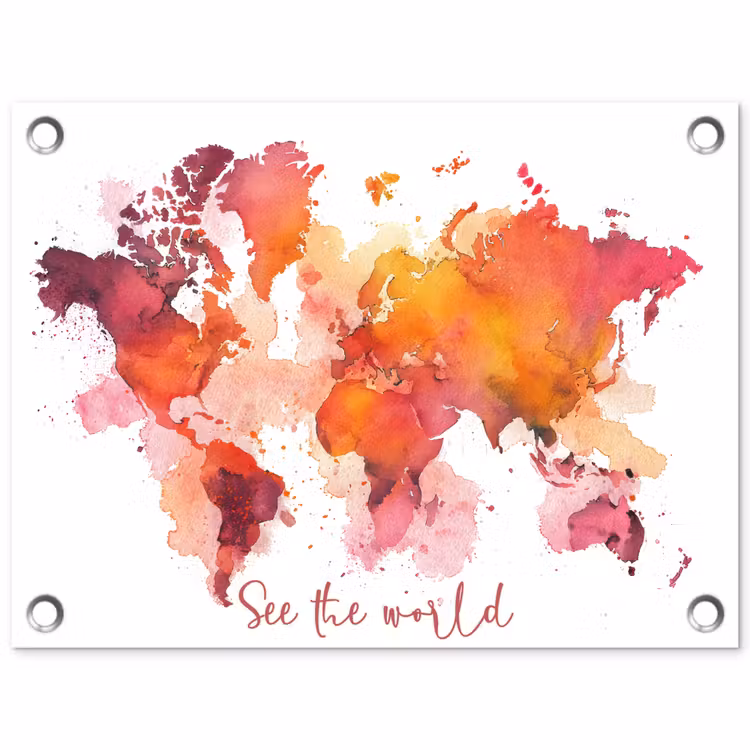 Oranje - Aquarel - Quote - Wereldkaart tuinposter los doek klein -3d