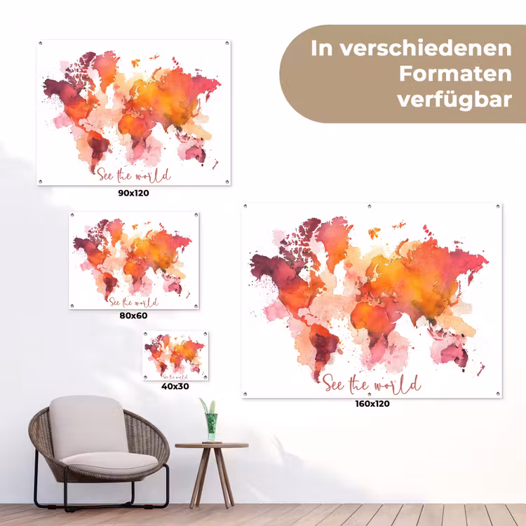 Oranje - Aquarel - Quote - Wereldkaart tuinposter los doek klein -Xsfeer9_DE