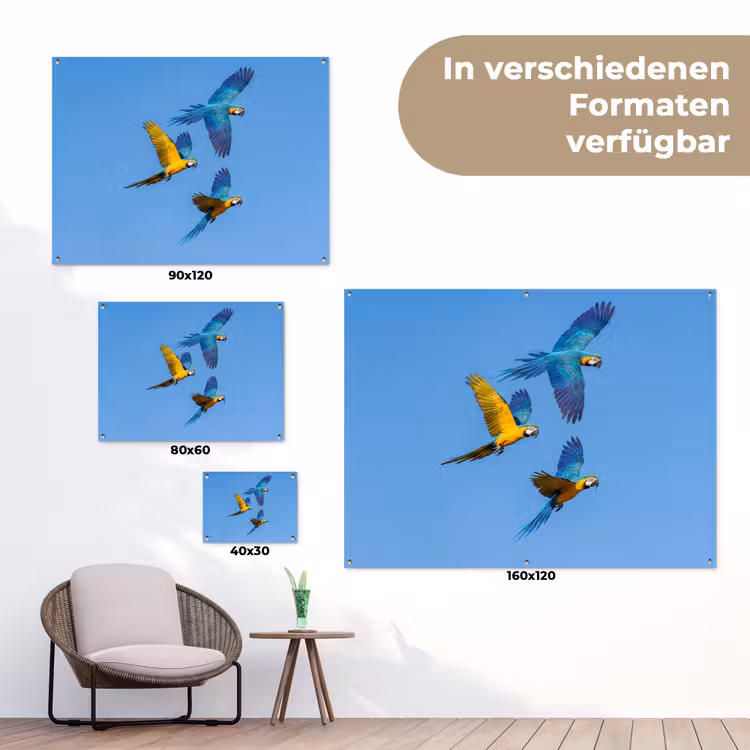 Papagaai - Vliegen - Blauw - Geel tuinposter los doek klein -Xsfeer9_DE