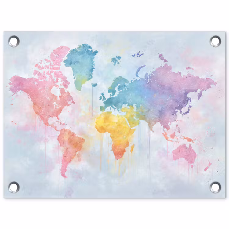 Pastel - Wereldkaart - Druppels tuinposter los doek klein -3d