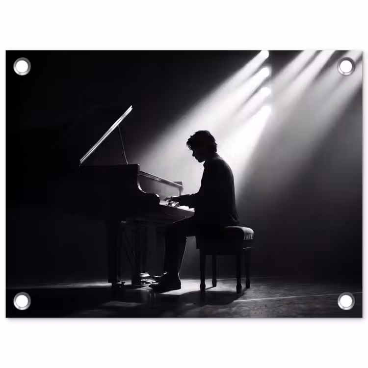 Persoon - Piano - Muziek - Zwart-wit - Podium tuinposter los doek klein -3d